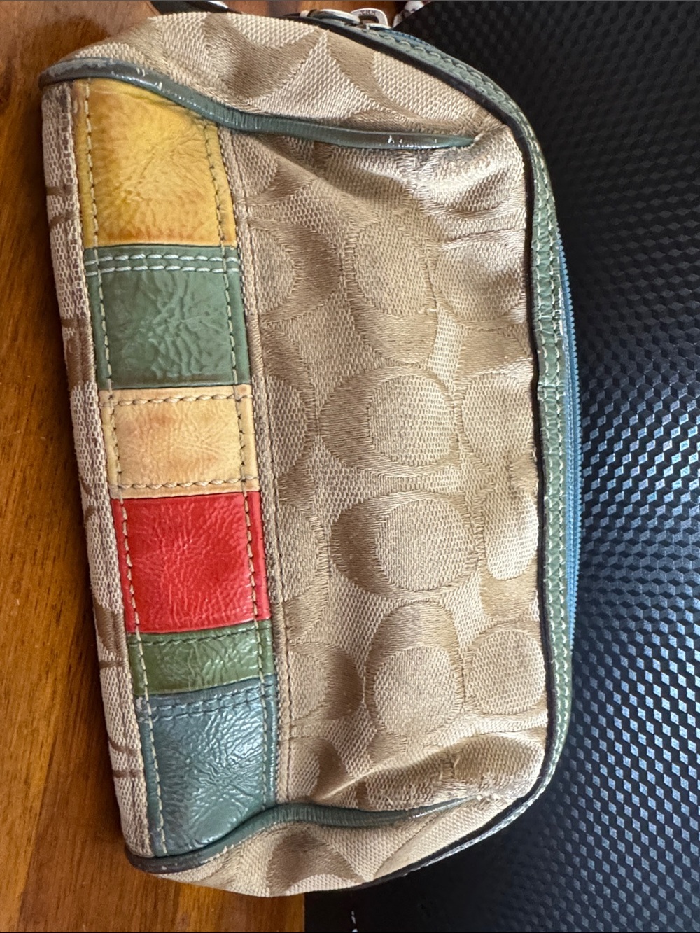 Coach Multicolor Patch Accent Beige Signature Canvas cosmetic bag